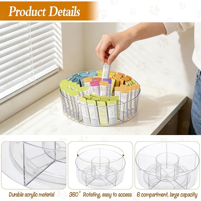 Rotating Lickable Cat Treats Organizer with 6 Compartments, Clear Lazy Susan Acrylic Squeeze Up Cat Food Storage Container Divided Pet Treats Box for Kitchen Cabinet Pantry Shelf Countertop