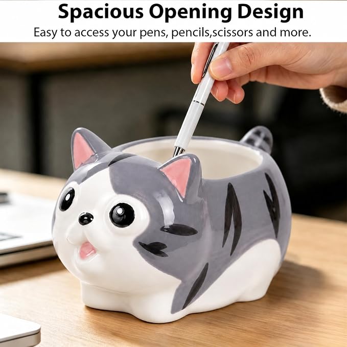 Ceramic Cat Shaped Pen Pencil Holder for Desk Decoration Accessories Cat Decor Makeup Brush Pen Cups Office School Ideal Gifts for Women, Mom or Birthdays