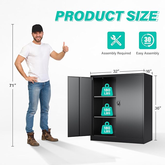Small Metal Storage Cabinet with Doors and Shelves,36 inch Black Locking Garage Cabinet,Lockable Short Steel Cabinets for Home,Office,Shop,Garage
