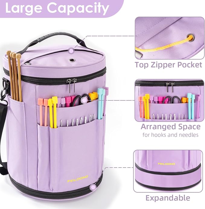 FEILOONG Yarn Bag Organizer, Expandable Crochet Knitting Storage, Purple | Large Capacity, Portable with shoulder strap, Durable Fabric, Multiple Pockets, Expandable, Come with Accessories Case