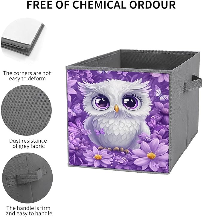Owl & Floral Foldable Storage Bins, 10.6" Cube Storage Organizer, Sturdy Oxford Cloth Fabric Baskets for Closet, Shelf, Nursery, Bedroom, Decorative Printed Box for Toys & Clothes