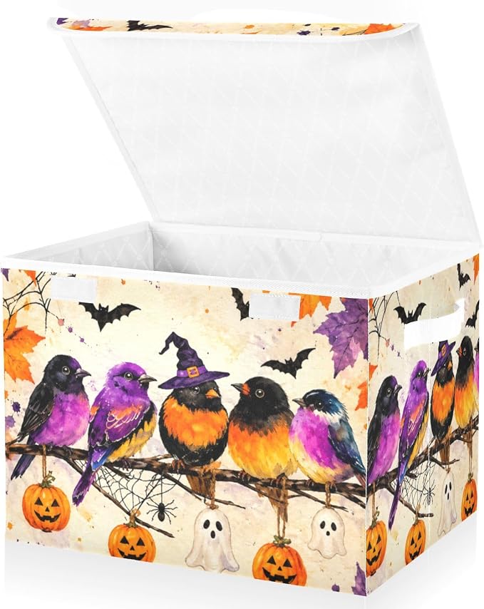 Fabric Storage Bins with Lid Halloween Bird Closet Storage Basket 40L | Decorative Storage Boxes, 300D Oxford Cloth, Hollow Board Frame, Flip Top Velcro Lid, 16.5x12.6x11.8 inch, Collapsible Design
