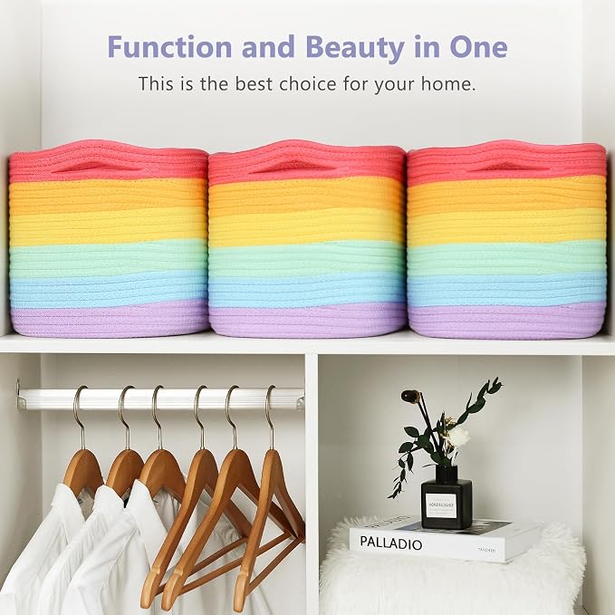 ECDYQXVU 15x10x9 Inch Woven Cotton Rope Storage Basket, 2 Pack | Foldable Design, Built-in Handles, Space-saving Organizer for Living Room, Bedroom, Laundry, Shelves, Clothes, Towels