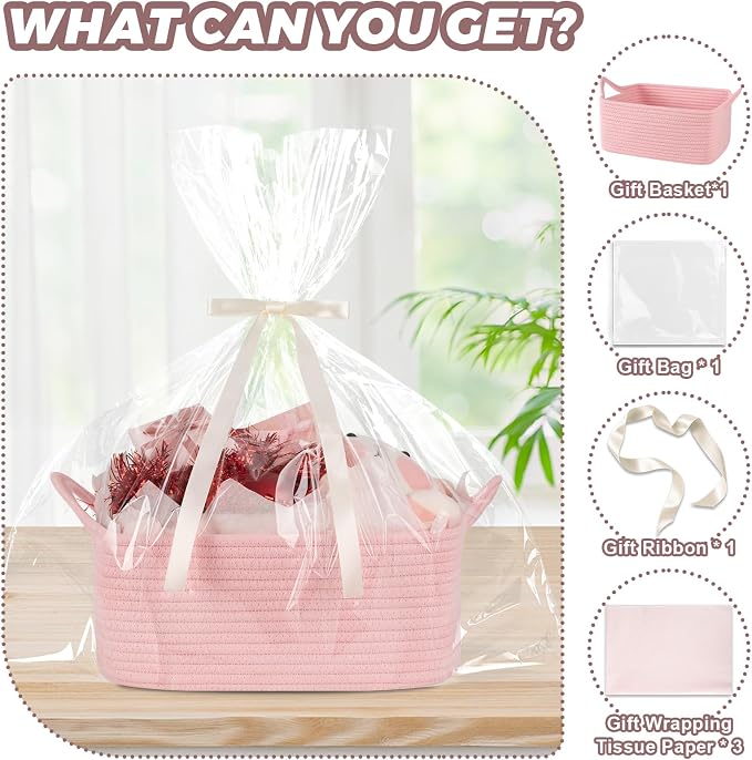 OIASKET Gift Basket Empty with Handle, Small Woven Baskets for Gifts Empty | 13.6"x10"x5.9", Baby Shower Toy Storage Baskets, Dog Toy Storage for Organizing, with Gift Bag Ribbon Tissue Paper