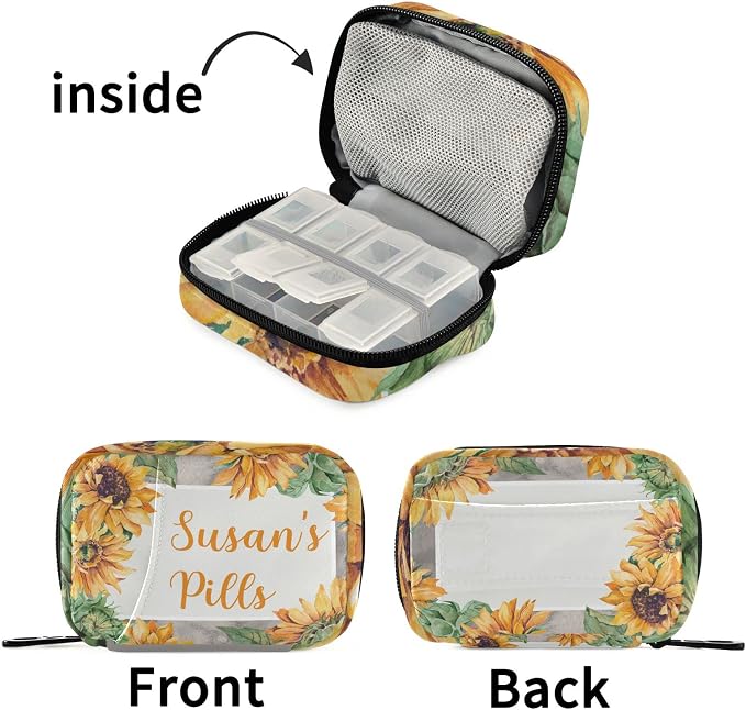 Custom Pill Box 7 Day Pill Case Bag Sunflower Personalized Name Travel Pill Organizer Bag with Zipper Portable Weekly Case Compact Size for Vitamin Supplement Holder