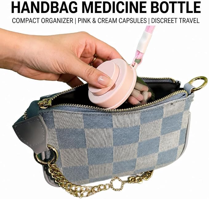Pink Pill Box for Women Purse, Small Pill Box, Travel Pill Organizer, 4 compartments for Pill Bottles, fits in Pocket, Handbag Pill Organizer, Travel Pill case (Pink)