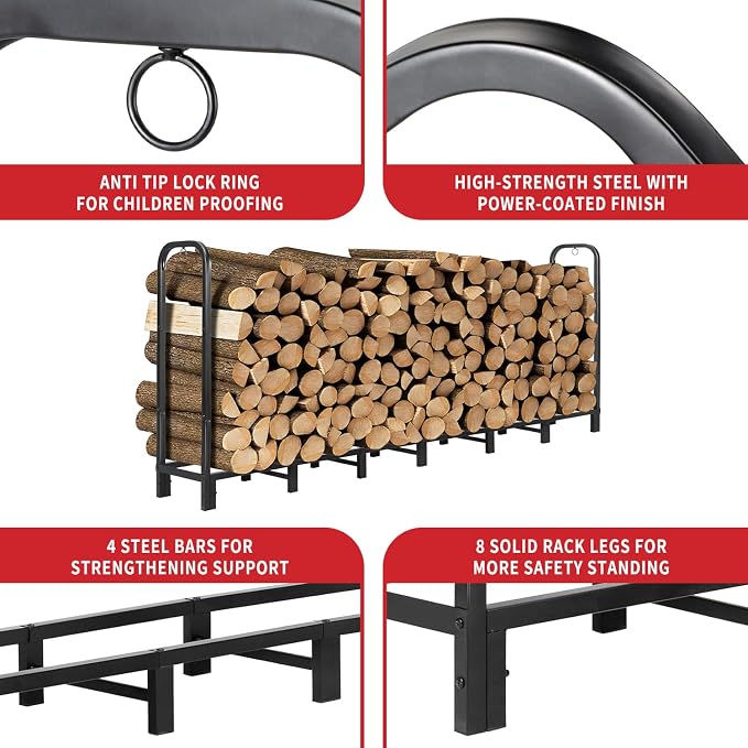 Kendane 8FT Firewood Rack Outdoor, Heavy Duty Adjustable Firewood log | Storage & Holder, Wood Pile Lumber Storage Rack Stacking Outside for Courtyard Patio.