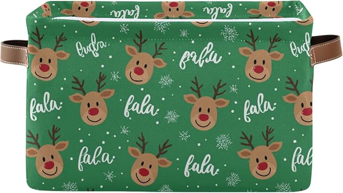 Green Christmas Reindeer Storage Basket with Waterproof Liner and PU Handles Winter Snowflake Xmas Storage Bins Boxes 14.2" Collapsible Decorative Organizer Baskets for Bedroom Closet Office 1 Pack