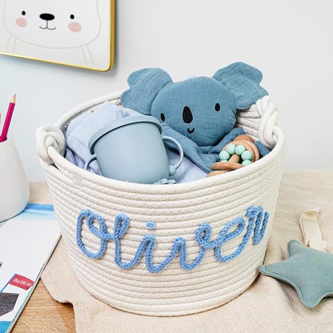 Personalized Cute Small Woven Basket with Handles, Custom Cotton Rope Room Shelf Storage Basket, Empty Decorative Gift Basket, Decorative Round Bin for Nursery Bedroom Bathroom (Style E)