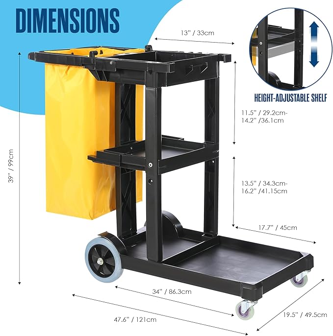Cleaning Cart, Janitorial Cart, Cleaning Caddy with Wheels, Janitor, 440 Lb | Houseables for Housekeeping, Custodian, House Keeping, Maintenance, Rolling Supply Organizer, Custodial, Maid, Commercial