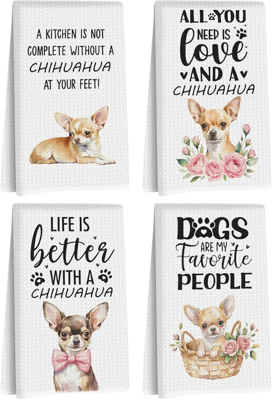 4Pcs Chihuahua Kitchen Towels 24x14 Inch, Chihuahua Gifts for Women Mom, Waffle Weave Kitchen Towel, Dog Decorative Reusable Hand Towels for Bathroom, Gifts for Dog Lovers, 14x24 Inches