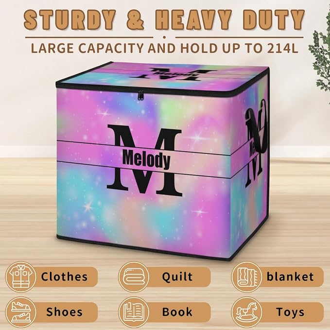 Personalized Large Storage Basket with Lid, Canvas Storage Bins Quilt Clothes Organizer for Bedroom, Kitchen, Bathroom, Nursery, Shelves, Closets, Watercolor Blue Pink Galaxy with Initial Letter