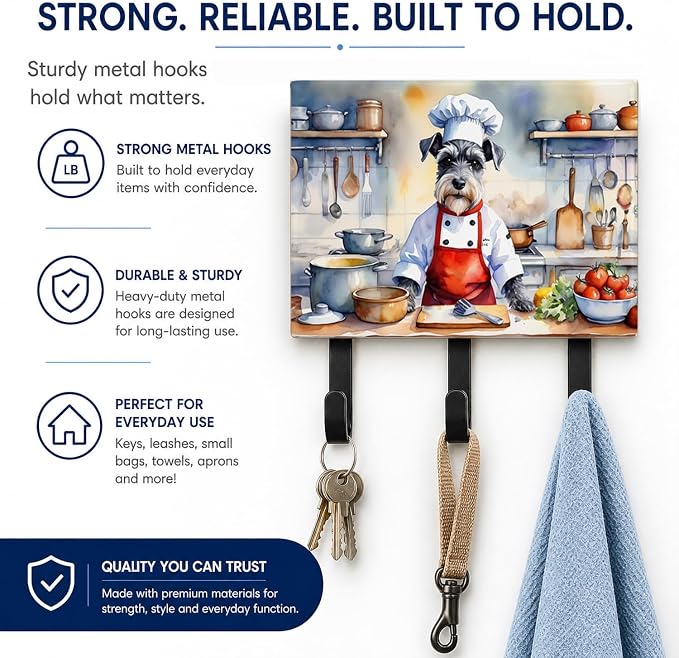 Caroline's Treasures Schnauzer The Chef Leash or Key Holder Wall Hooks, Key Hooks Holder, Coat Rack Wall Mount, Coat Hooks, Hooks for Hanging Keys, Towels, Aprons, Leashes | Schnauzer The Chef artwork on ceramic tile with three steel hooks for keys, le...