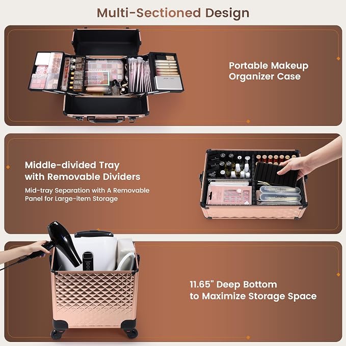Rolling Makeup Train Case 3 in 1 Professional Cosmetic Trolley Large Storage with keys Swivel Wheels Salon Barber Case Traveling Cart Trunk for Make Up Nail Tech - Vintage Rose Gold | Cosmetic Trolley Large Storage with Keys 360° Swivel Salon Barber Ca...