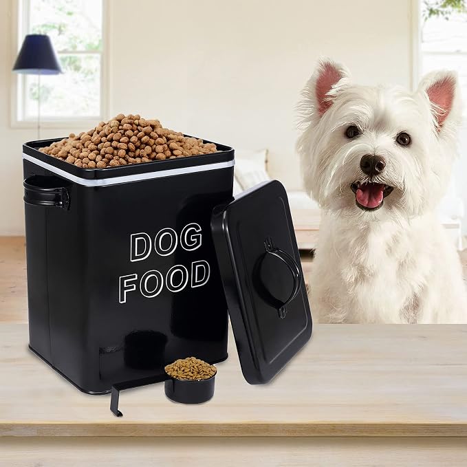 Morezi Metal Dog Food Storage Container Airtight Pet Food Treat Bin 6 lbs | Vintage Durable Canister Dog Treats Tin with Lid& Scoop for Kitchen Countertop, Shelf, Great Gift for Pet Owners(Black)