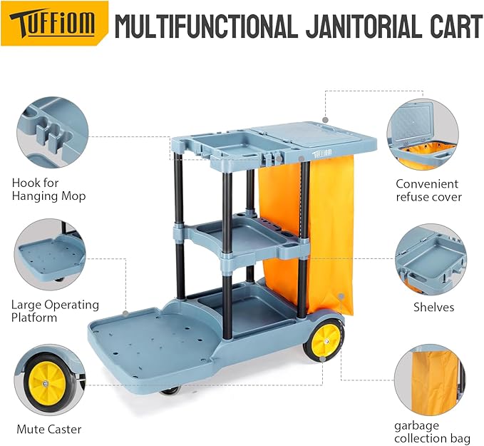 TUFFIOM Extra Large Commercial Traditional Cleaning Janitorial 3-Shelf Cart, 500 Lbs Housekeeping Cart, 42.5" L x 18.7" W x 37.6" H, Wheeled with 22 Gallon Yellow Vinyl Bag and Cover w lid, Blue