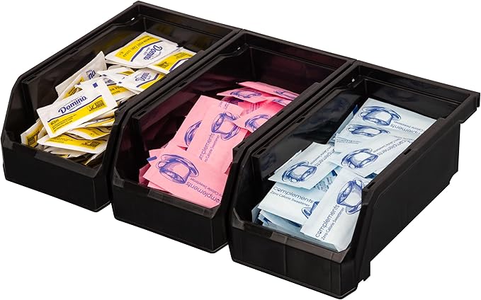 Small Stackable Plastic Storage Bins, 12-Pack, Black | Open-Front Stackable Bins For Garage, Pantry, Closet & Office, 7"L X 4"W X 3"H, Nests When Empty, Durable Plastic