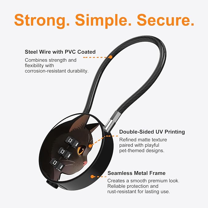 Small Combination Lock for Luggage, Gym Locker, Backpack Bag Zipper, Mini Combo Lock with Code, 5.12 Inch Steel Cable Padlock for Travel Suitcase (4-Cat, Cute)