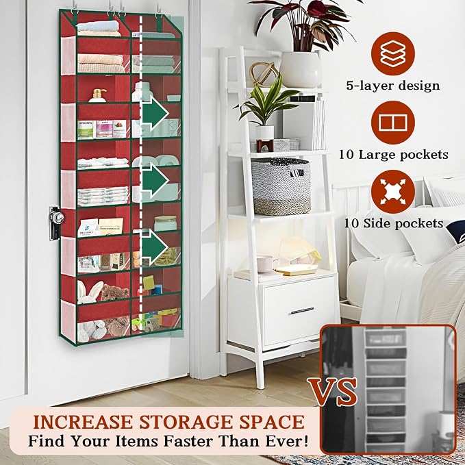 Over The Door Organizer 5 Tiers Extra Large Behind Door Storage of 10 | 80 lbs Weight Capacity Hanging Storage Organizer with Clear Window Kids Toys, Shoes, Diapers, Red