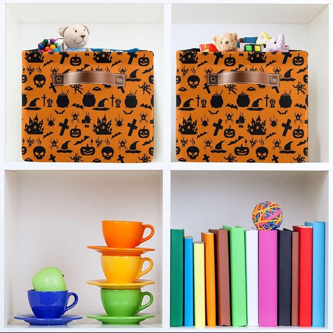 Kigai Storage Basket, Fabric Collapsible Closet Organizer Bin | Halloween Pumpkin Waterproof Foldable Canvas Basket with Handles for Shelves, Nursery, Closet, Bedroom & Bathroom