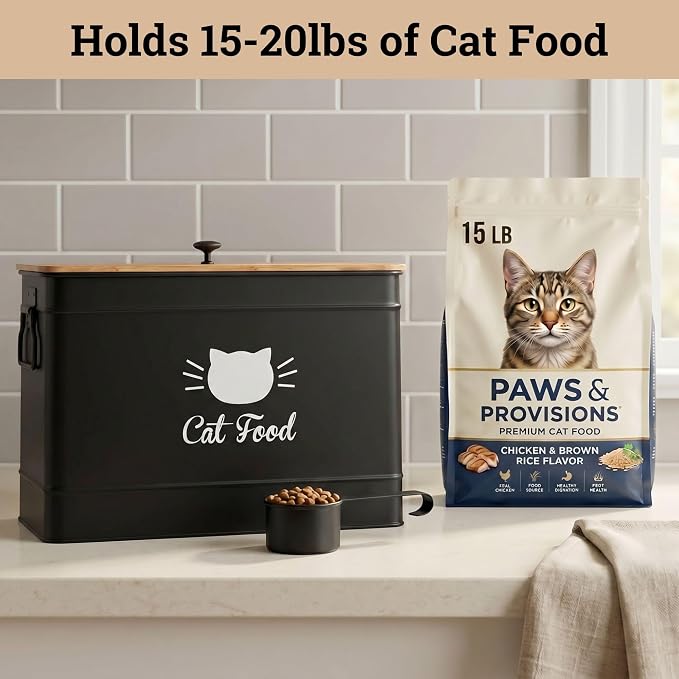 Metal Cat Food Container with Scoop, 15lb (50 Cup) w/ Airtight Bamboo Lid | 15 lb / 50 Cup Capacity, 1 Cup Metal Scoop, Durable Powder Coated Iron Body, Rubber Lined Bamboo Lid, Sturdy Metal Handles