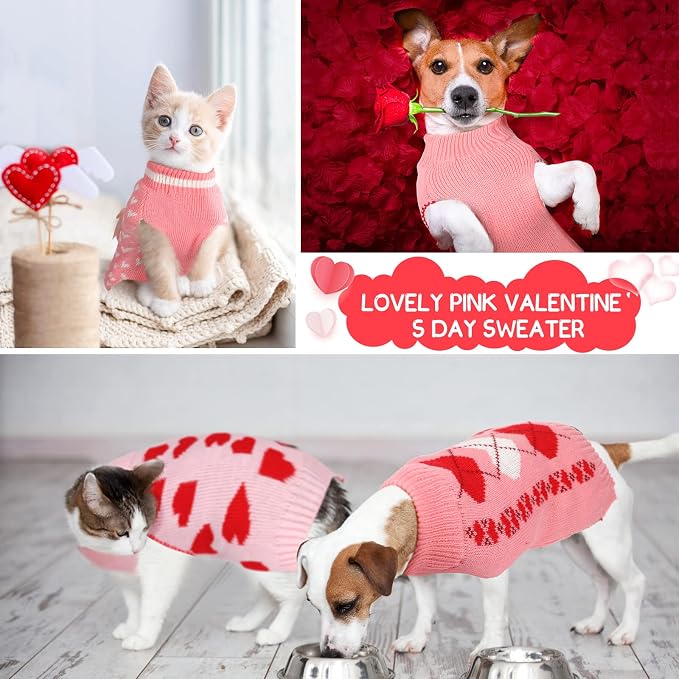 Sanwuta 3 Pieces Valentine's Day Dog Sweaters Sets Red Pink Heart Puppy Dog Sweaters Clothes Pet Knitwear for Pets Cat Pet Saint Valentine's Day Party Costume(Medium)