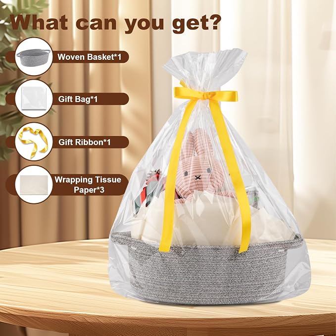OIAHOMY Gift Basket with Handle, Small Woven Basket with Gift Bag, Ribbon and Wrap Tissue Paper, Nursery Bins Empty to Fill with Small Items, Baby, Pet Toy Organizer - Grey