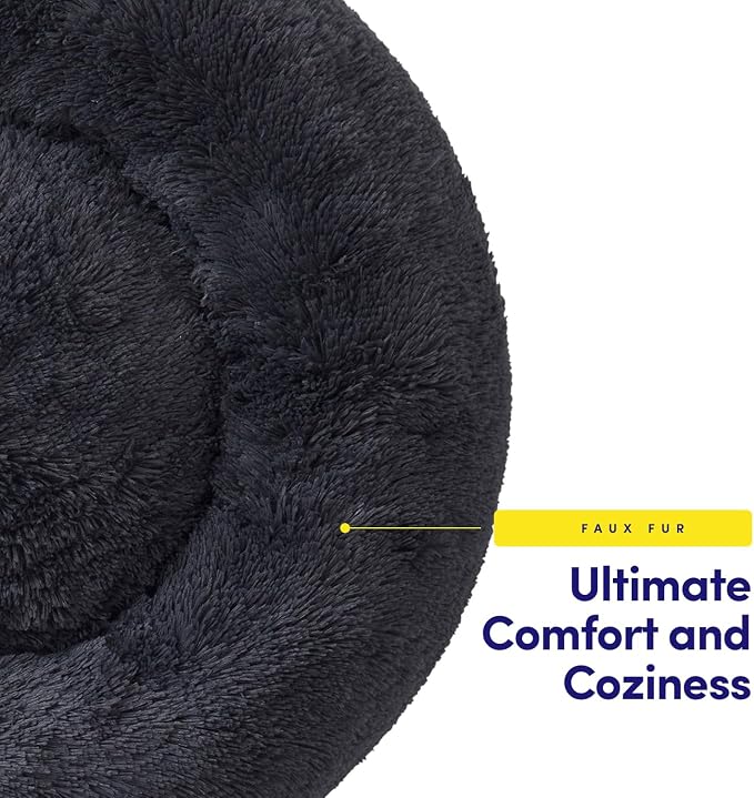 Dog & Cat Bed: Round Faux Fur Pet Bed - Plush, Cozy, & Calming Donut Bed for Small Pets - Soft & Comfortable Sleeping Cushion for Napping & Lounging, 20" Round, Dark Gray