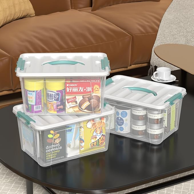 8-Pack 14 Quart Stackable Storage Bin, Plastic Box with Handle | Clear Plastic Containers for Pantry, Closet, Fridge, and Garage, Secure Snap Latches, Nesting Design
