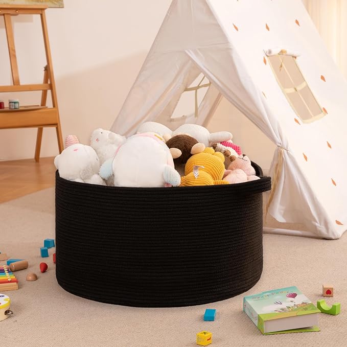 OIAHOMY 105L Extra Large Blanket Basket - Decorative Cotton Rope Storage Basket for Bedroom, Living Room & Nursery - Woven Laundry Hamper for Organizing Blankets, Clothes & Toys - Black
