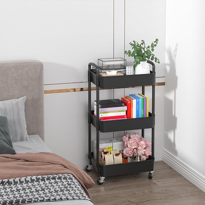 Sywhitta 3-Tier Plastic Rolling Utility Cart with Wheels for Storage,Black | Multi-Functional Storage Trolley, for Office, Living Room, Kitchen, Bathroom,Movable Organizer,Space-Saving,Easy to assemble