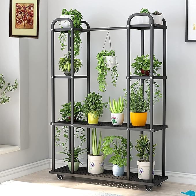 Large Metal Plant Stand with Wheels for Indoor Plants 39.4X11.0X56.3 inches Display Stand Movable Metal Plant Stand for Garden Patio Home Decor Easy to Install. (Color : Black)