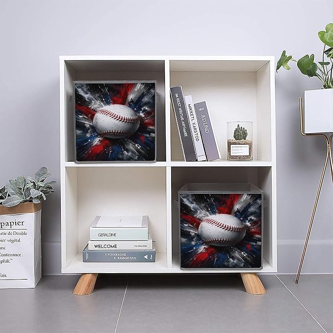 Baseball Explosion Art Design Storage Bin with Handles, Oxford Fabric Foldable Storage Cube Organizer for Clothes, Towels, Bedroom, Living Room, Home Organization