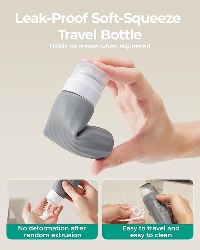 BAGSMART 18 Pack TSA Approved Travel Bottles for Toiletries, Leak Proof Silicone Travel Size Containers Bottles for Shampoo, Grey