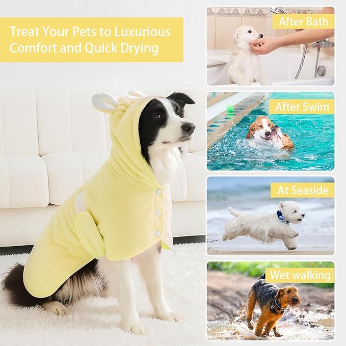 Pet Bathrobe Towel Dog Cat Drying Coat Super Absorbent Cute Dogs Bath Towel Hooded Robe Adjustable Collar & Belly Strap for XSmall to XLarge Pets (Yellow, X-Large)