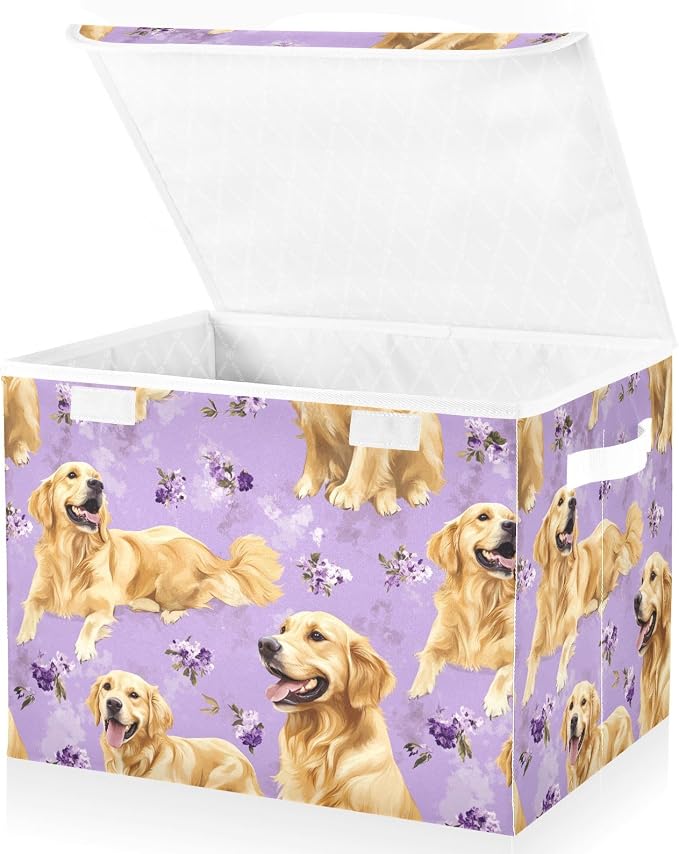 Art Golden Retriever Dogs Purple Storage Bins Bins For Organization With Handle for Pack Moving