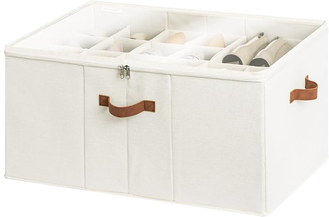StorageWorks 24-Pair Large Closet Shoe Organizer, Adjustable Divider, Beige | Holds up to 24 Pairs, Foldable, Clear Lid, Reinforced Handles, Fits Sneakers, Boots & Heels, For Living Room, Bedroom