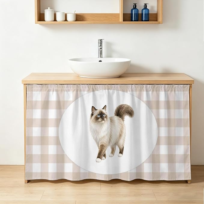 Ragdoll Cat Sink Skirt for Bathroom, Self-Adhesive Under Sink Curtain, Modern Linen Plaid Farmhouse Pet Cats Hide Pipes & Storage Fabric Cabinet Skirt Cover for Kitchen Laundry 32"x55"