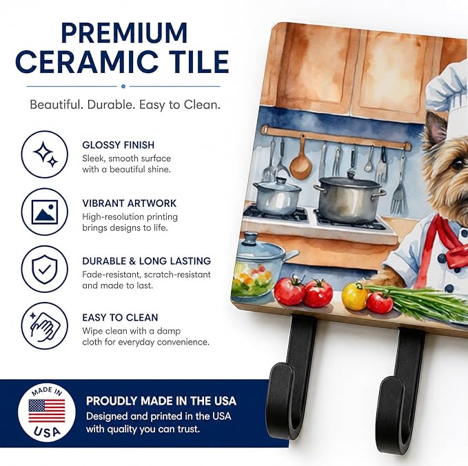 Caroline's Treasures Cairn Terrier The Chef Leash or Key Holder Wall Hooks, Key Hooks Holder, Coat Rack Wall Mount, Coat Hooks, Hooks for Hanging Keys, Towels, Aprons, Leashes | Cairn Terrier The Chef artwork on ceramic tile with three steel hooks for ...