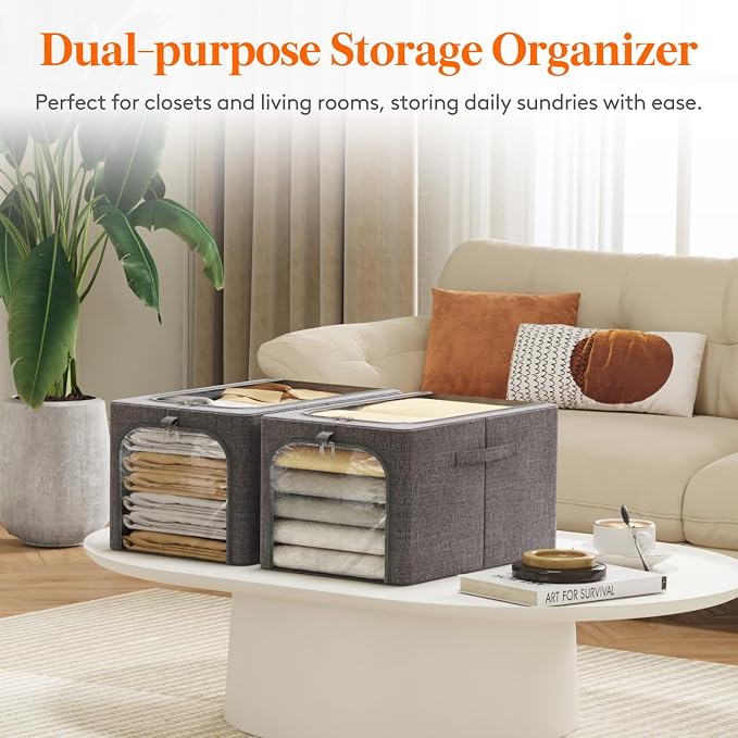 Lifewit Clothes Storage Bins with Metal Frame 4 Pack, Fabric Stackable Storage Bags with Lids, Zipper, Foldable Clost Organizers Containers for Clothing, Blanket, Winter Cloth, 40L
