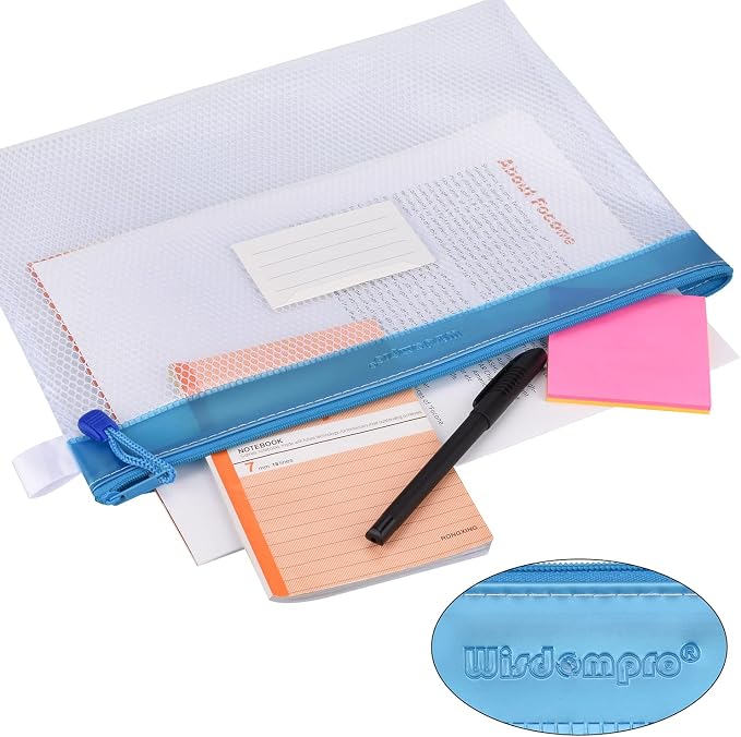 Wisdompro Zipper Pouch, 4 Pack Waterproof Mesh File Bag, Document Organizer | 13.3x9.8", Letter Size Mesh Bag with Outer Label Pocket, Durable, Perfect for File, Paper, Office, School, Home, Blue/Purple