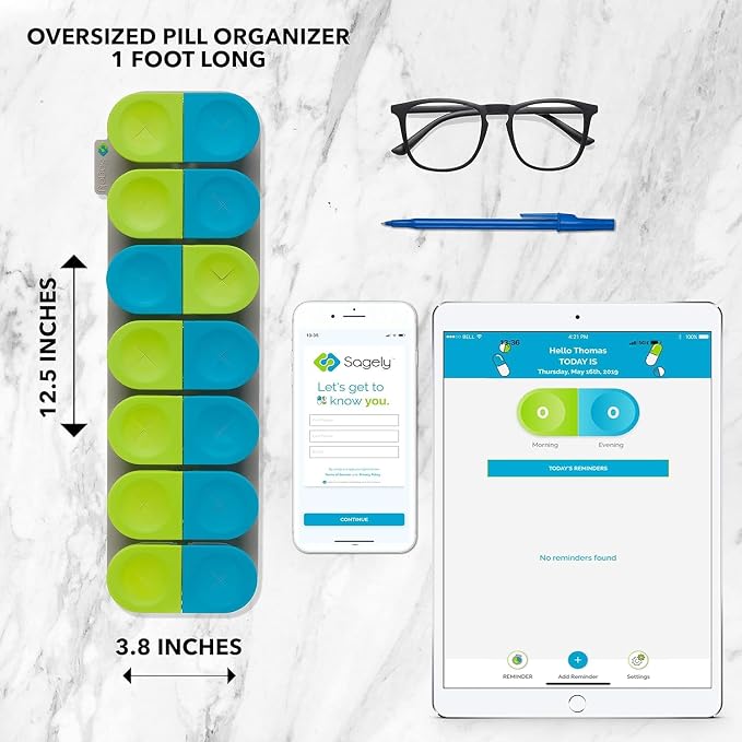 Sagely XL Pill Organizer, Durable Medicine Box, Magnetic Daily Removable Pods, Easy-to-Use, Spill-Proof, Large Enough to Fit Fish Oil, Cod Liver Oil, Supplements & Vitamins (Blue/Green)