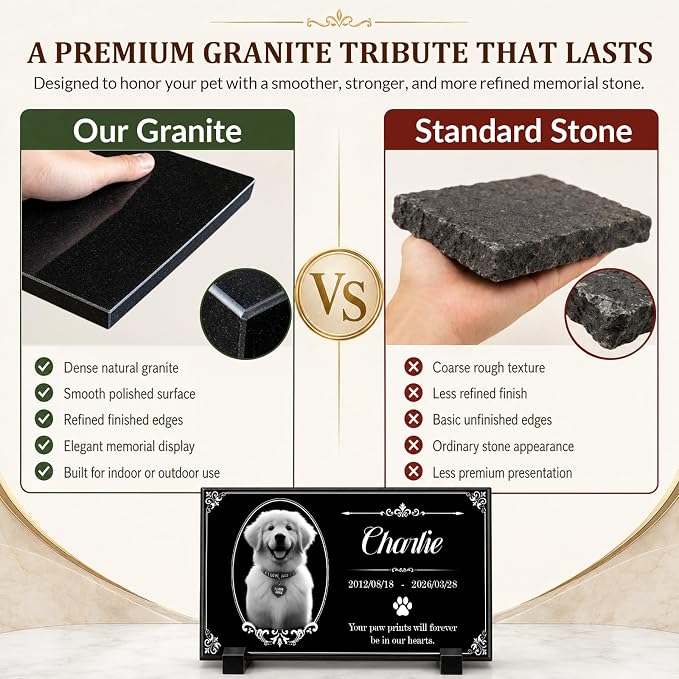 Personalized Pet Memorial Stone, Custom Granite Pet Grave Marker | for Dogs & Cats , Engraved Memorial Plaque with Photo Name Dates & Message, Indoor Outdoor Garden or Tabletop Display