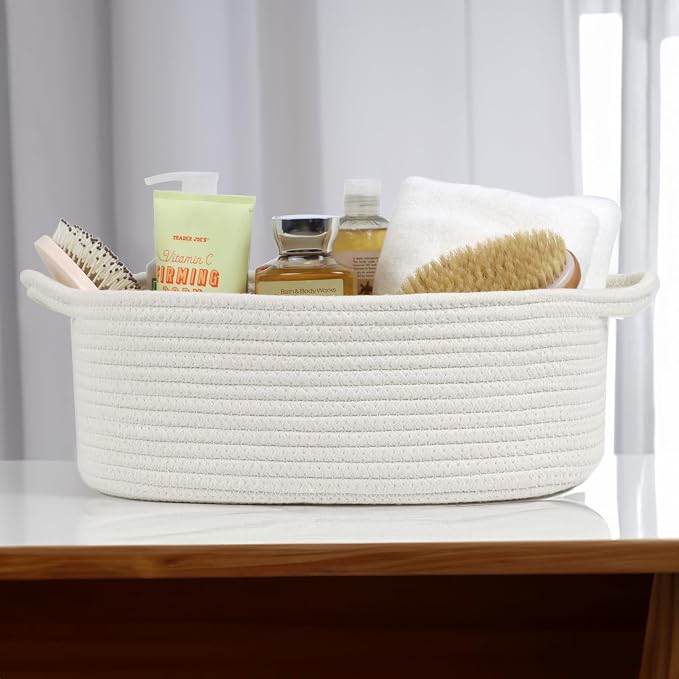 Woven Cotton Rope Storage Basket with Handles, White, 13.5 Inch | Empty Gift Basket, Bathroom and Closet Organizer, Nursery Toy Storage, Decorative Boho Basket, Shelf Storage Bin