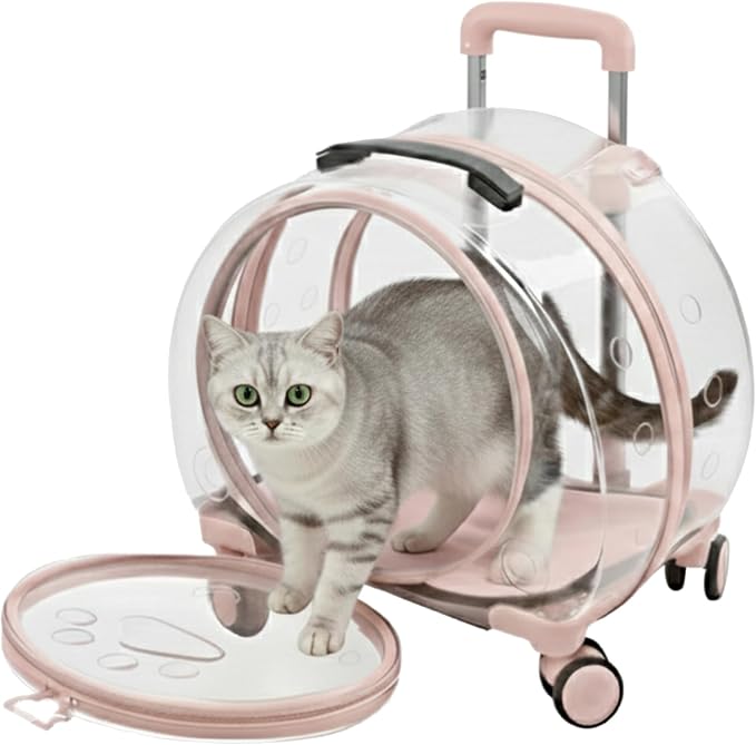 Transparent Hard Shell Cat Carrier with Wheels, Pink | Rolling cat carrier, 17-lb max load, Breathable, Telescoping handle, Shoulder strap, Clear pet carrier, Portable, Travel