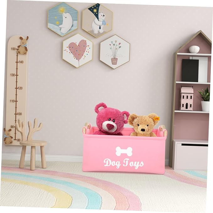 Luxshiny Large Pink Felt Pet Storage Box with Handle Organizer for Dog Treats Collars and Pet Supplies Compact and Practical Basket for Household Use