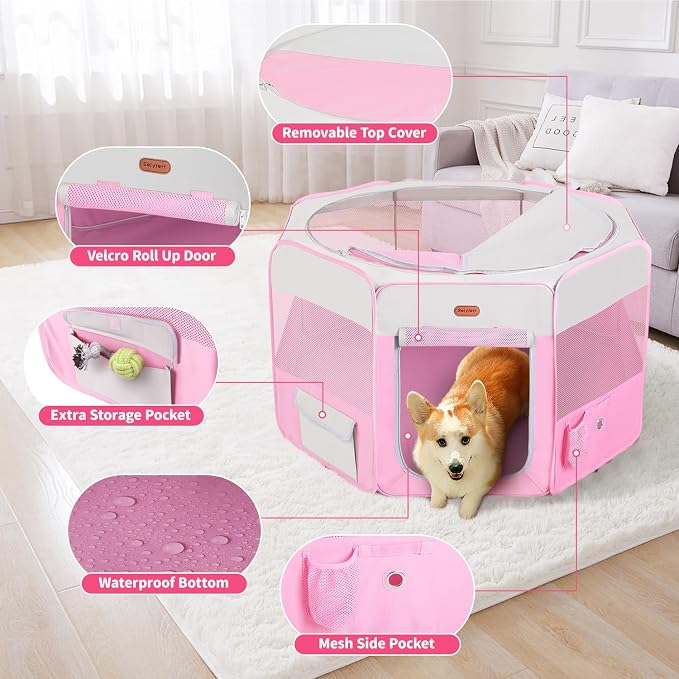 Seiyierr Dog Playpen, Portable Pet Playpen, Puppy Playpen, Cat Playpen with Carrying Case, Dog Playpen for Small Dogs Indoor/Outdoor, Removable Mesh Shade Cover, Pink XL