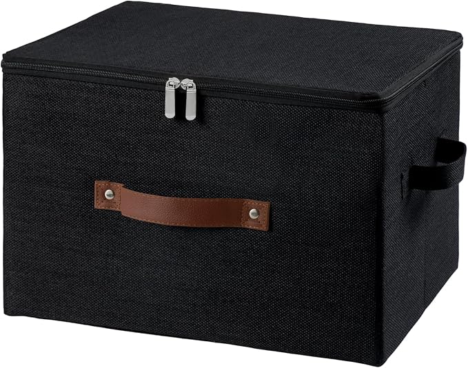 Storage Bins with Zipper Lid Decorative Lidded Box Fabric Baskets | Collapsible Shelf Closet Organizer Container, Cotton Linen Fabric Boxes, PU Leather Handle, Stackable Washable (Black, Large)