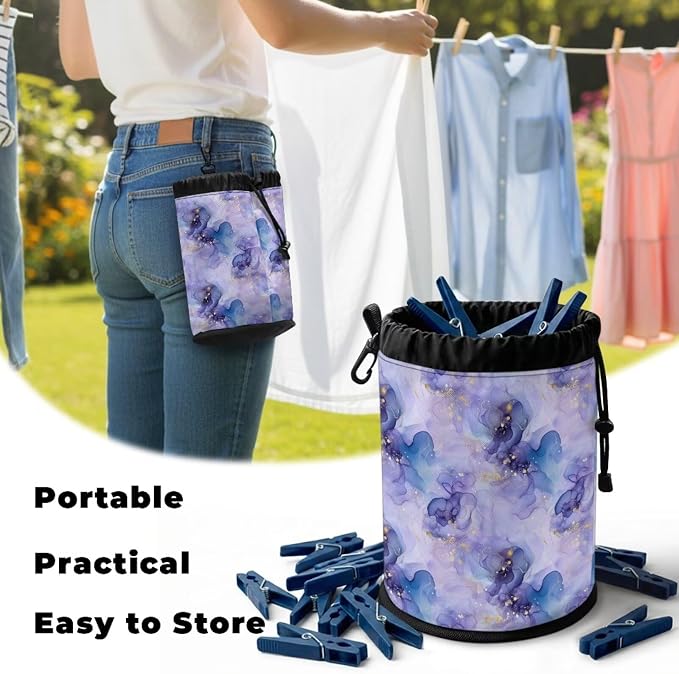 Clothespin Bag with Hooks Purple Blue Floral Hanging Clothes Pin Bag with Drawstring Closure Clothespin Holder, Moisture Resistance, Storage Organizer, Machine Washable
