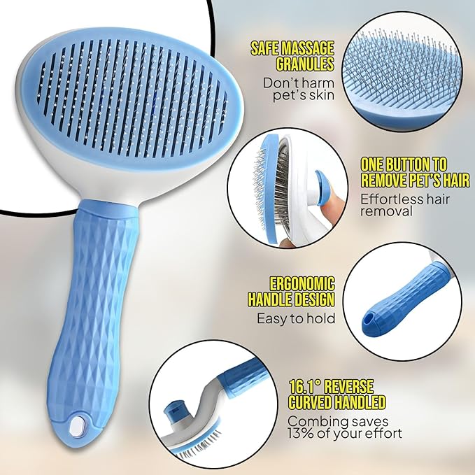Self-Cleaning Pet Grooming Brush – Professional Stainless Steel Slicker Brush for Dogs & Cats – Includes FREE Bonus Hair Comb